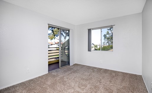 A room with a carpeted floor and two windows.
